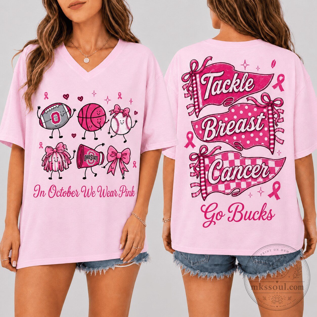 Ohio State Buckeyes Pink Ribbon Breast Cancer Awareness Football T-Shirt