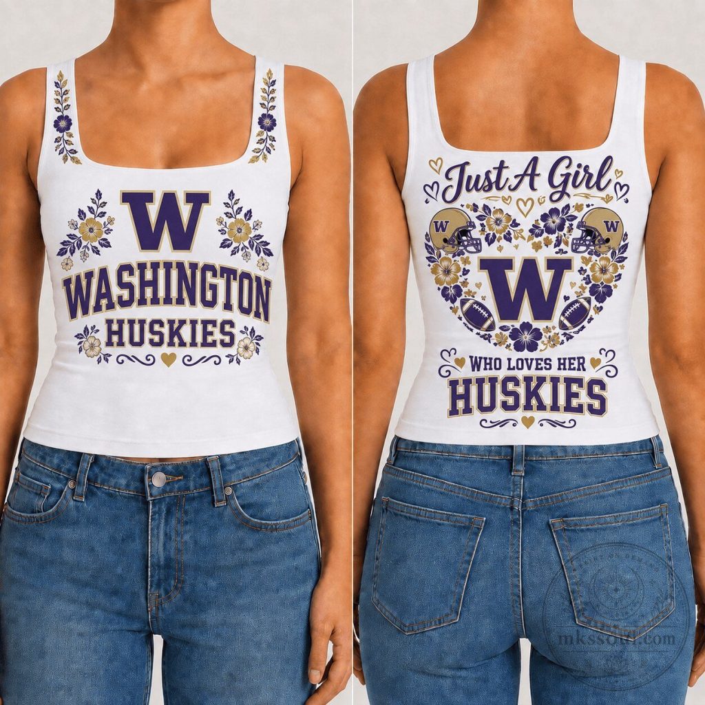 Washington Huskies Football Floral Heart White Tank Top for Women Washington Huskies Football Floral Heart White Tank Top for Women