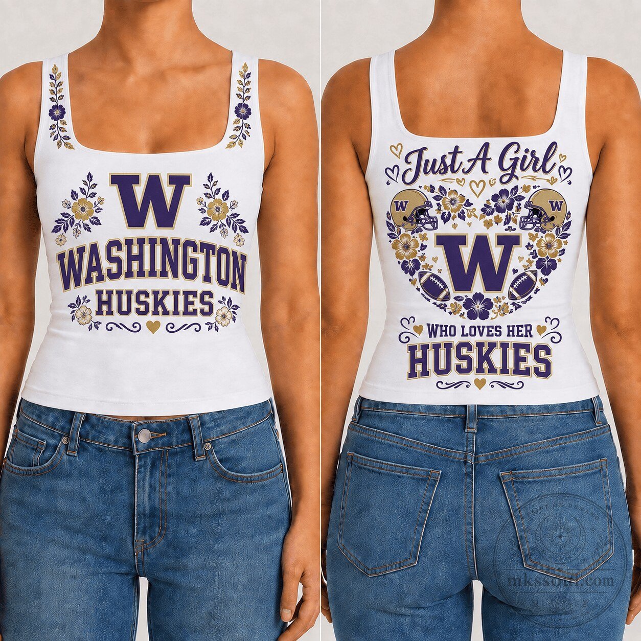 Washington Huskies Football Floral Heart White Tank Top for Women