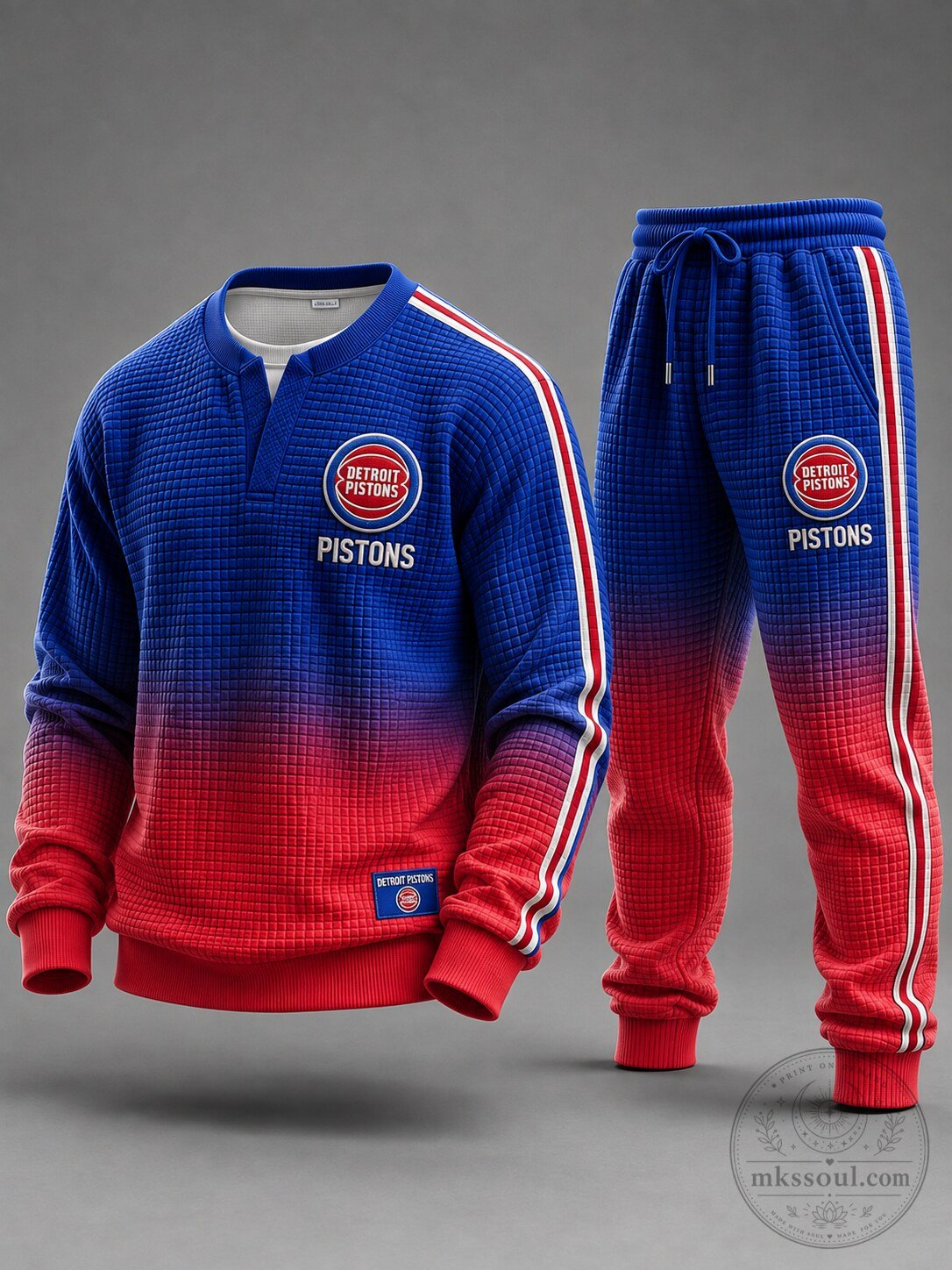 Detroit Pistons Basketball Team Gradient Blue Red Waffle Knit Sweatshirt and Jogger Set