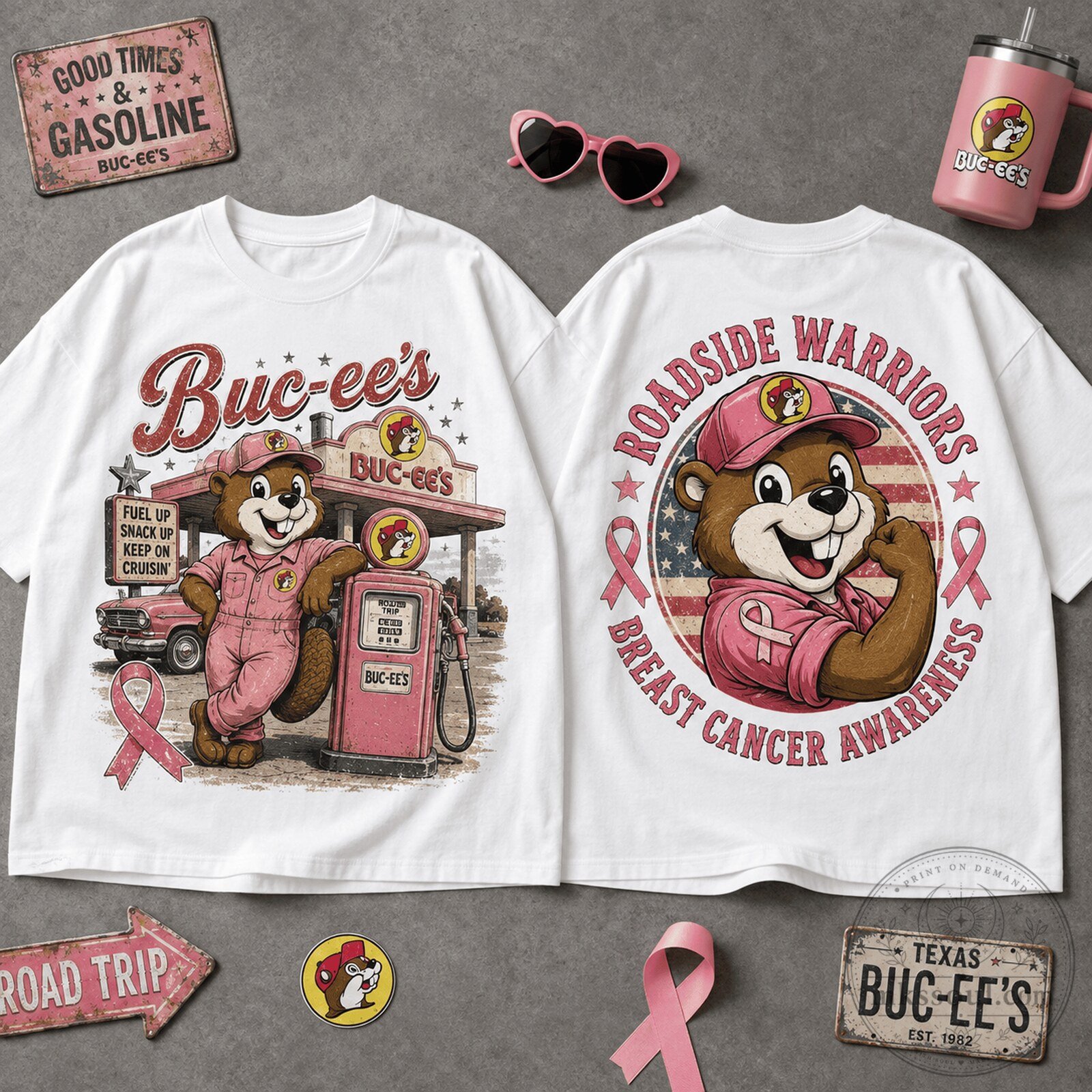 Buc-ee's Roadside Warriors Breast Cancer Awareness White Graphic T-Shirt