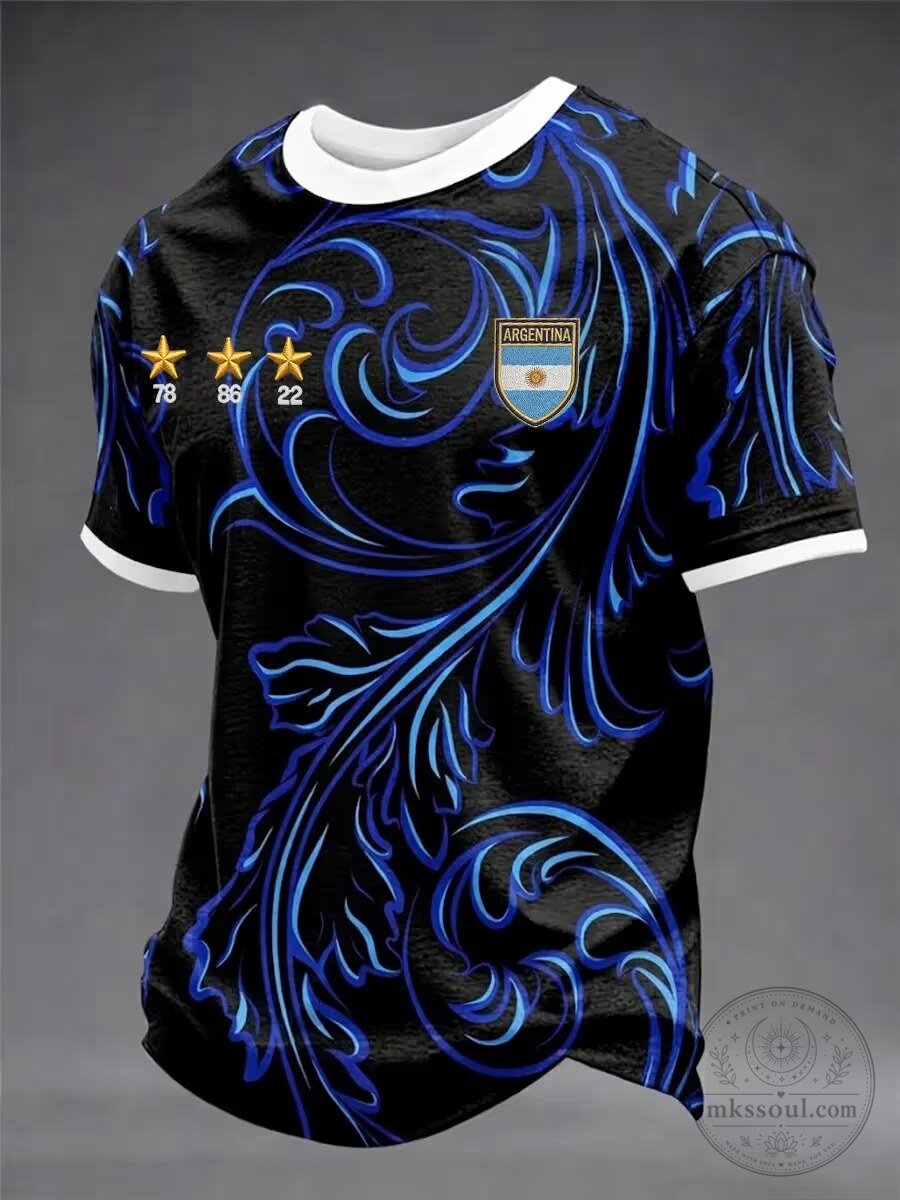 Argentina National Football Team World Cup Champions Black and Blue Floral T-Shirt