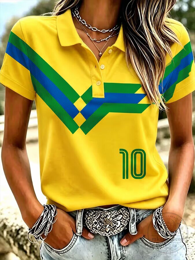 Brazil National Football Team Number 10 Yellow Polo Shirt for Women