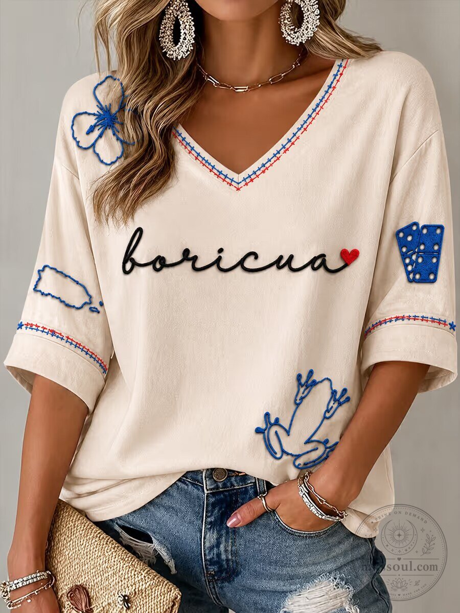 Boricua Puerto Rico Embroidered V-Neck T-Shirt for Women