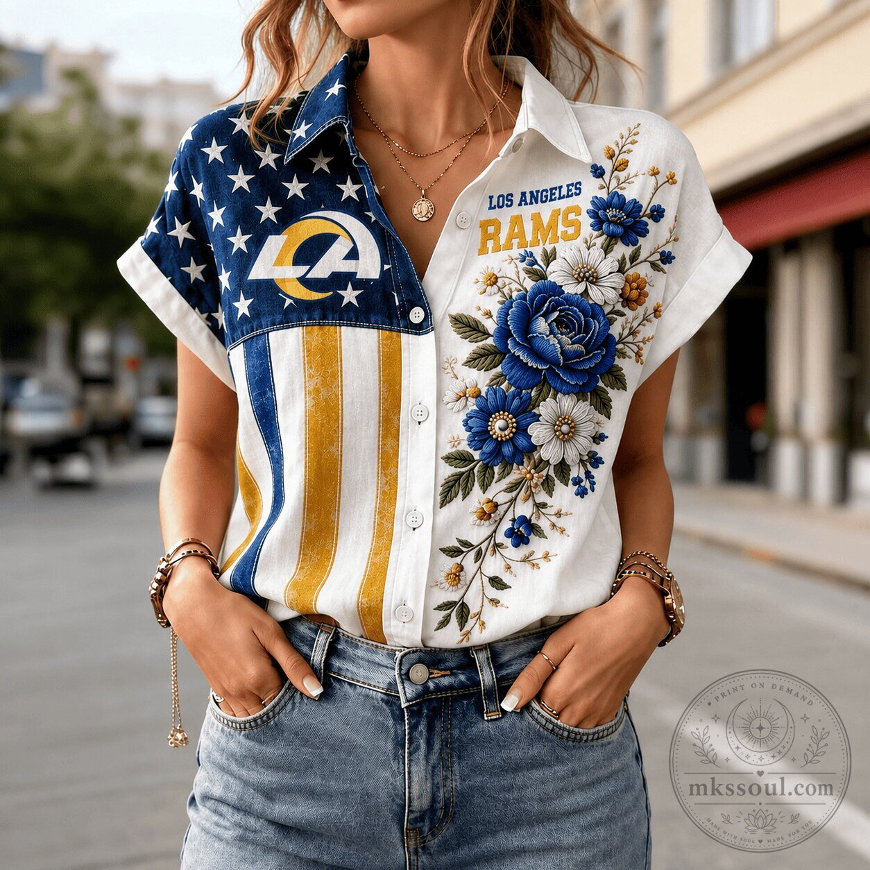 Los Angeles Rams NFL Floral American Flag Button Up Hawaiian Shirt for Women