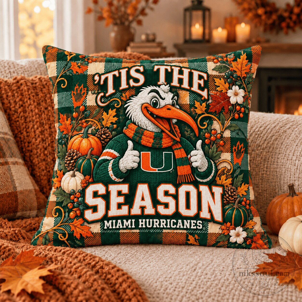 Miami Hurricanes Fall Season Sebastian the Ibis Tis The Season Decorative Pillow