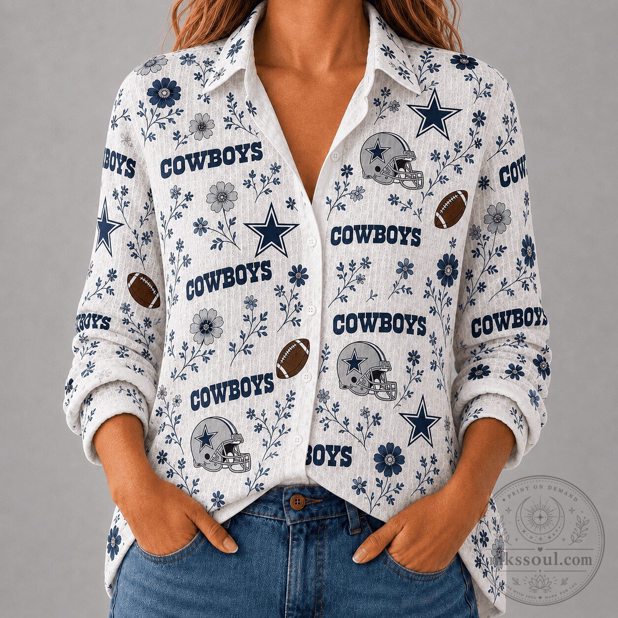 Dallas Cowboys Shirt for Women, Floral Print Button-Up Long Sleeve Blouse