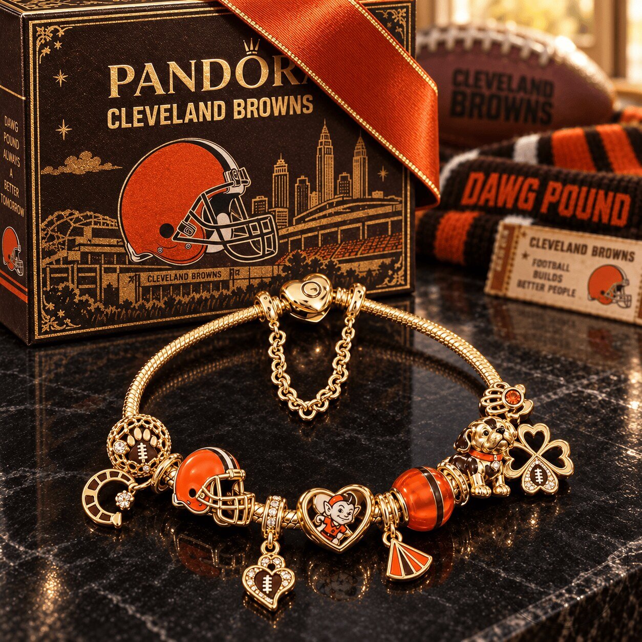 Cleveland Browns Football Team Gold Charm Bracelet for Women
