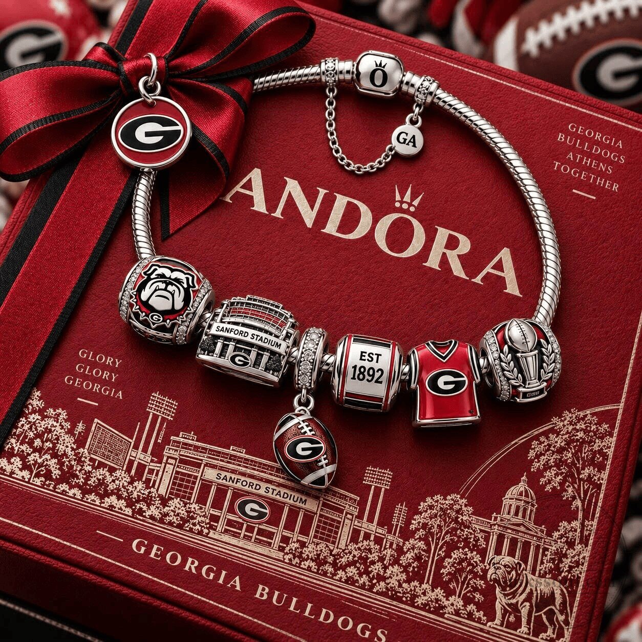 Georgia Bulldogs Football Team Logo Charm Bracelet with Pandora Style Charms