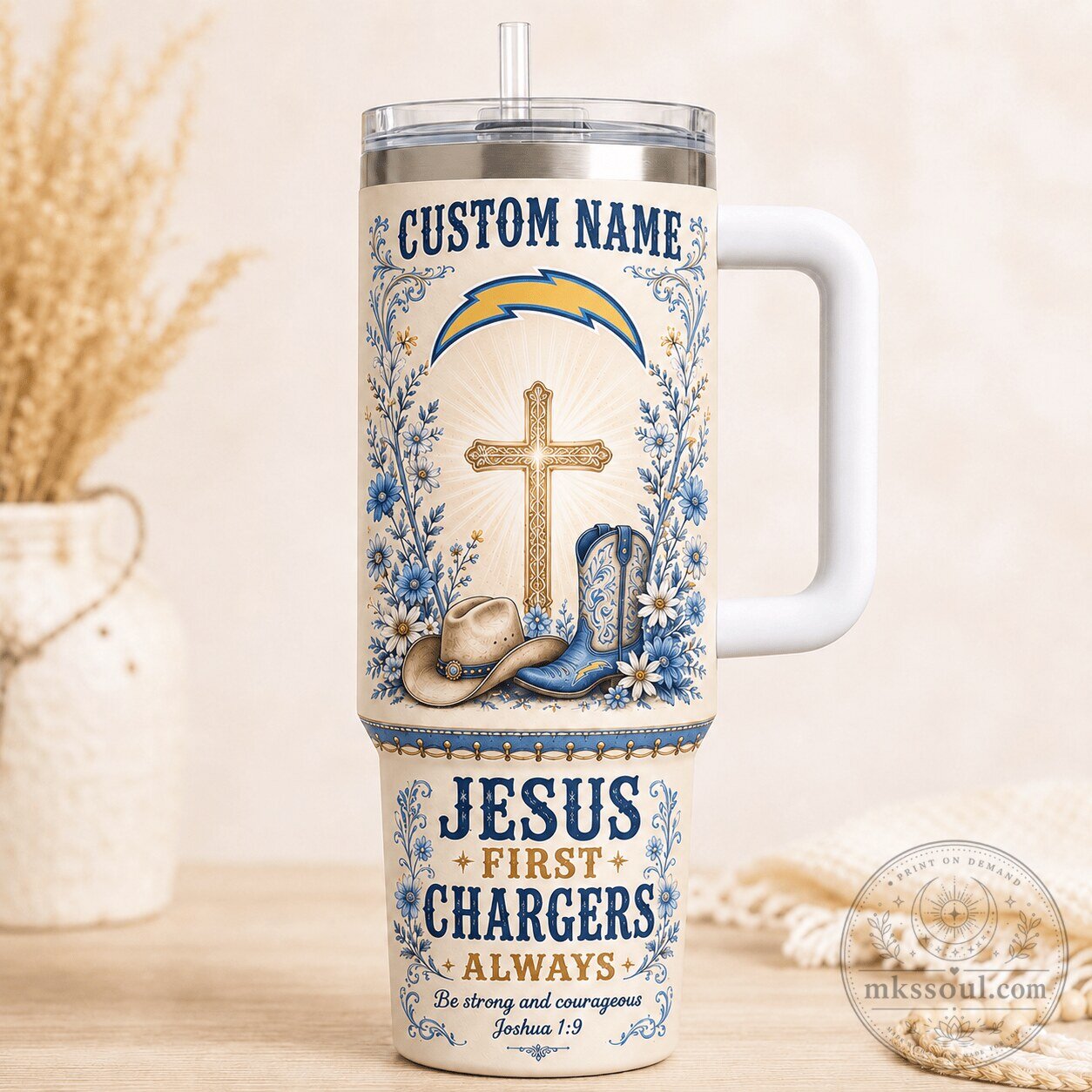 Los Angeles Chargers Football Tumbler with Custom Name and Religious Design