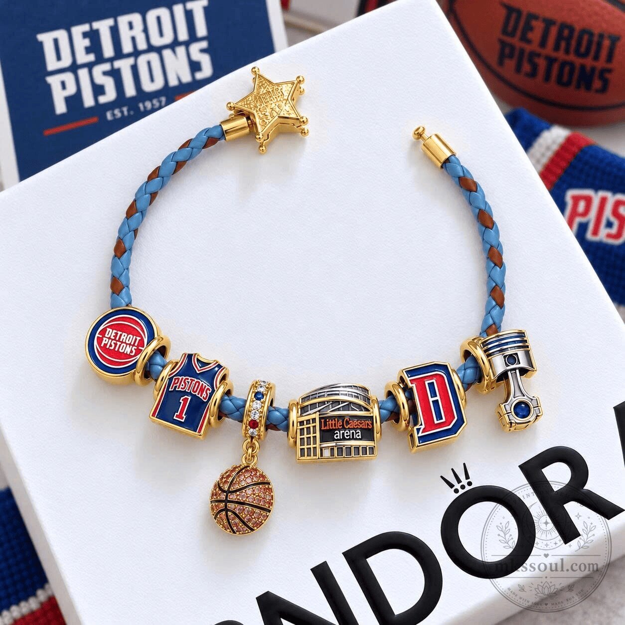 Detroit Pistons Braided Leather Charm Bracelet Set with Basketball Charms