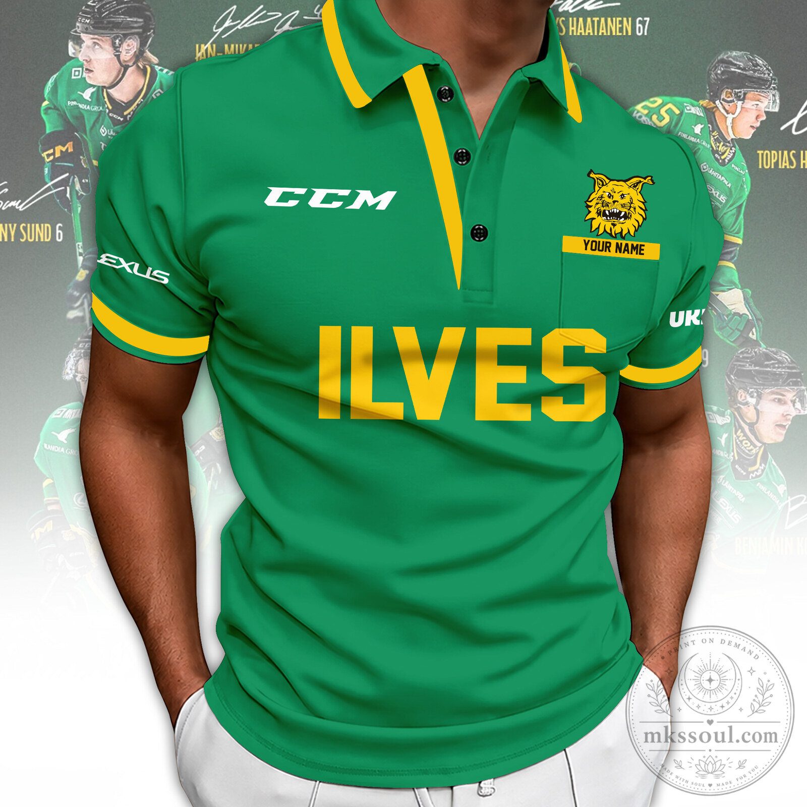 Ilves Tampere Hockey Team Green and Yellow Polo Shirt