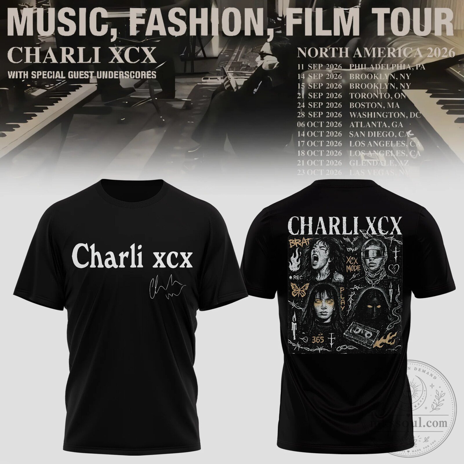 Charli XCX Music Fashion Film Tour 2026 Here We Go Again Black T-Shirt