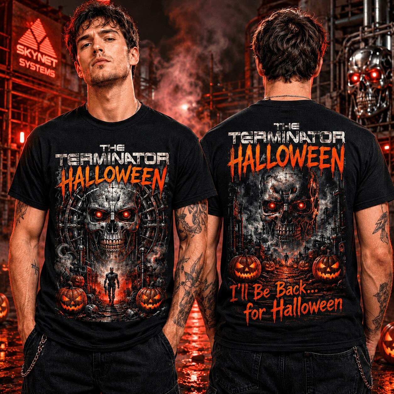 Terminator Halloween Graphic Tee, I'll Be Back Cyborg Skull Pumpkin T-Shirt