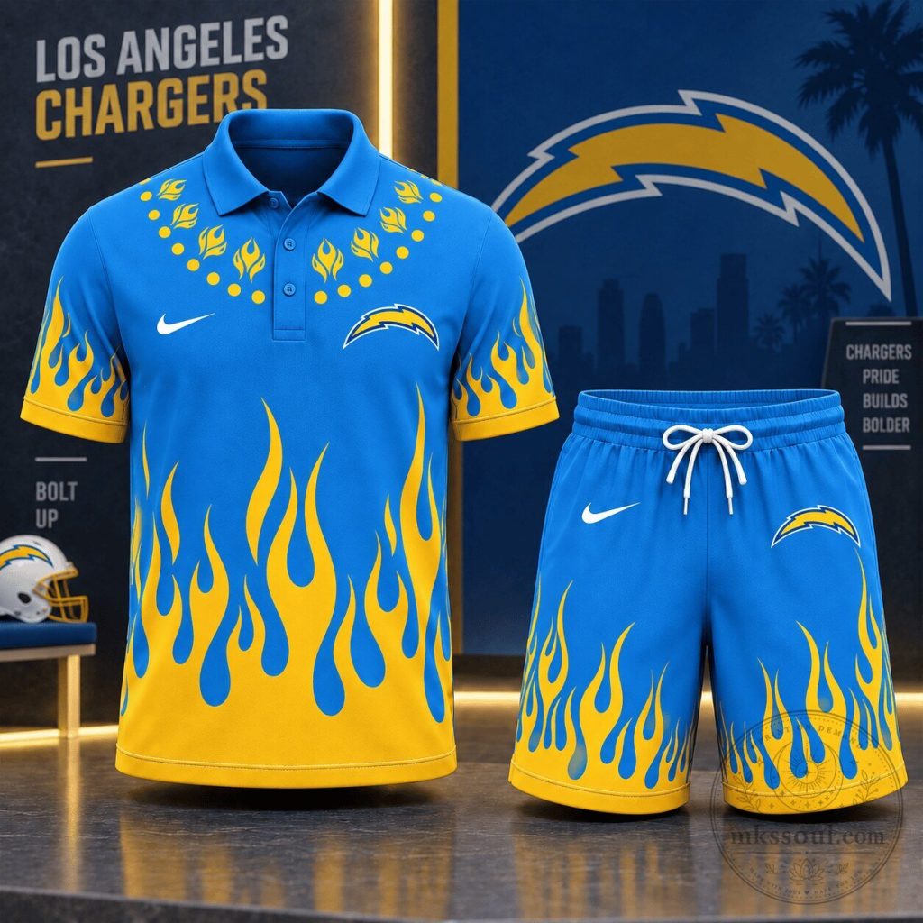 Los Angeles Chargers Flame Graphic Polo Shirt and Shorts Set Los Angeles Chargers Flame Graphic Polo Shirt and Shorts Set