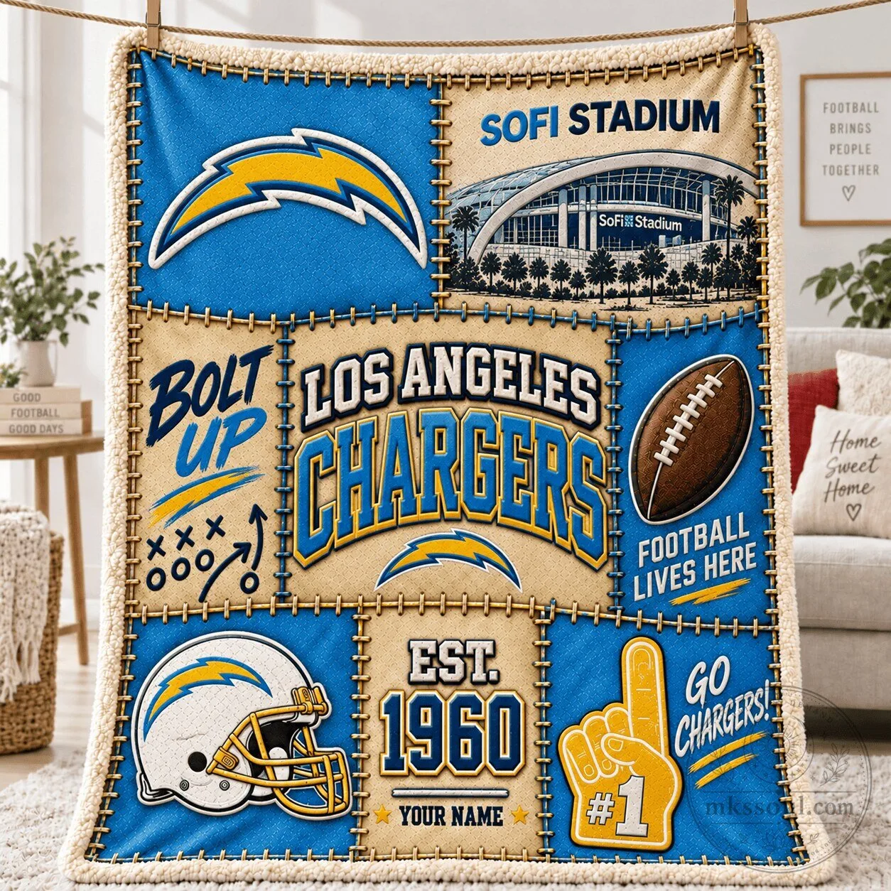Los Angeles Chargers Football Team SoFi Stadium Personalized Sherpa Blanket