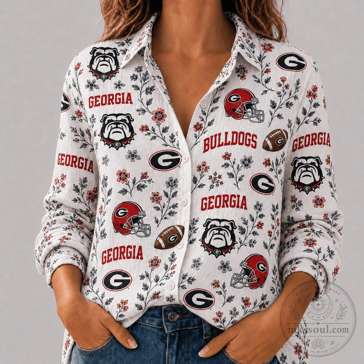 Georgia Bulldogs Shirt, NCAA College Spirit Blossoms Linen Button-Up Shirt