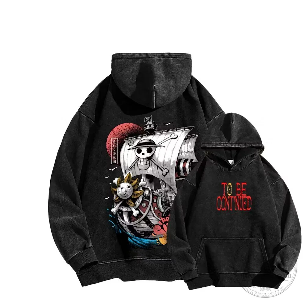One Piece Anime Thousand Sunny Ship Washed Black Unisex Hoodie
