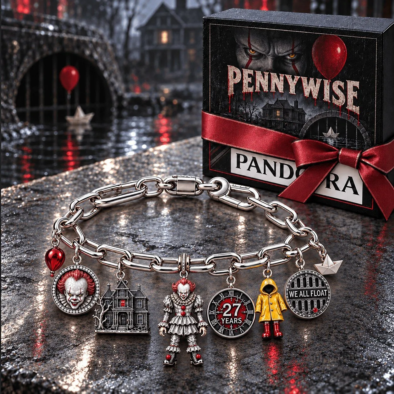 Pennywise The Clown IT Movie Silver Charm Bracelet Set