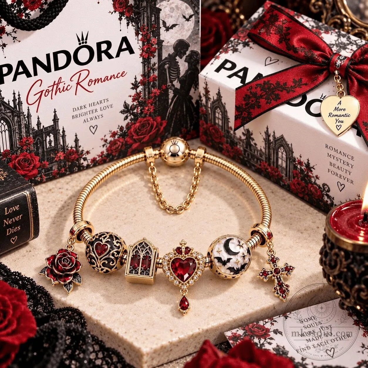 Pandora Gothic Romance Gold Charm Bracelet with Red Rose and Heart Charms
