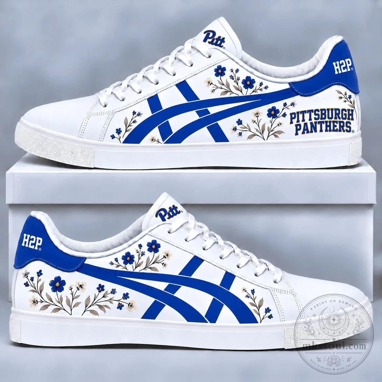 Pittsburgh Panthers Floral Design White Blue Custom Sneakers