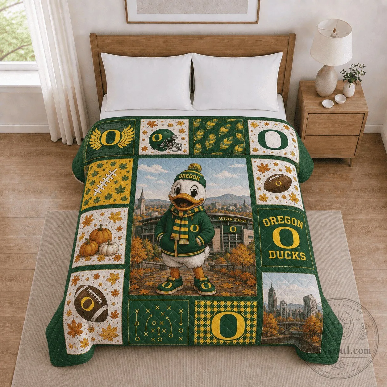 Oregon Ducks Football Mascot Autzen Stadium Fall Quilted Blanket