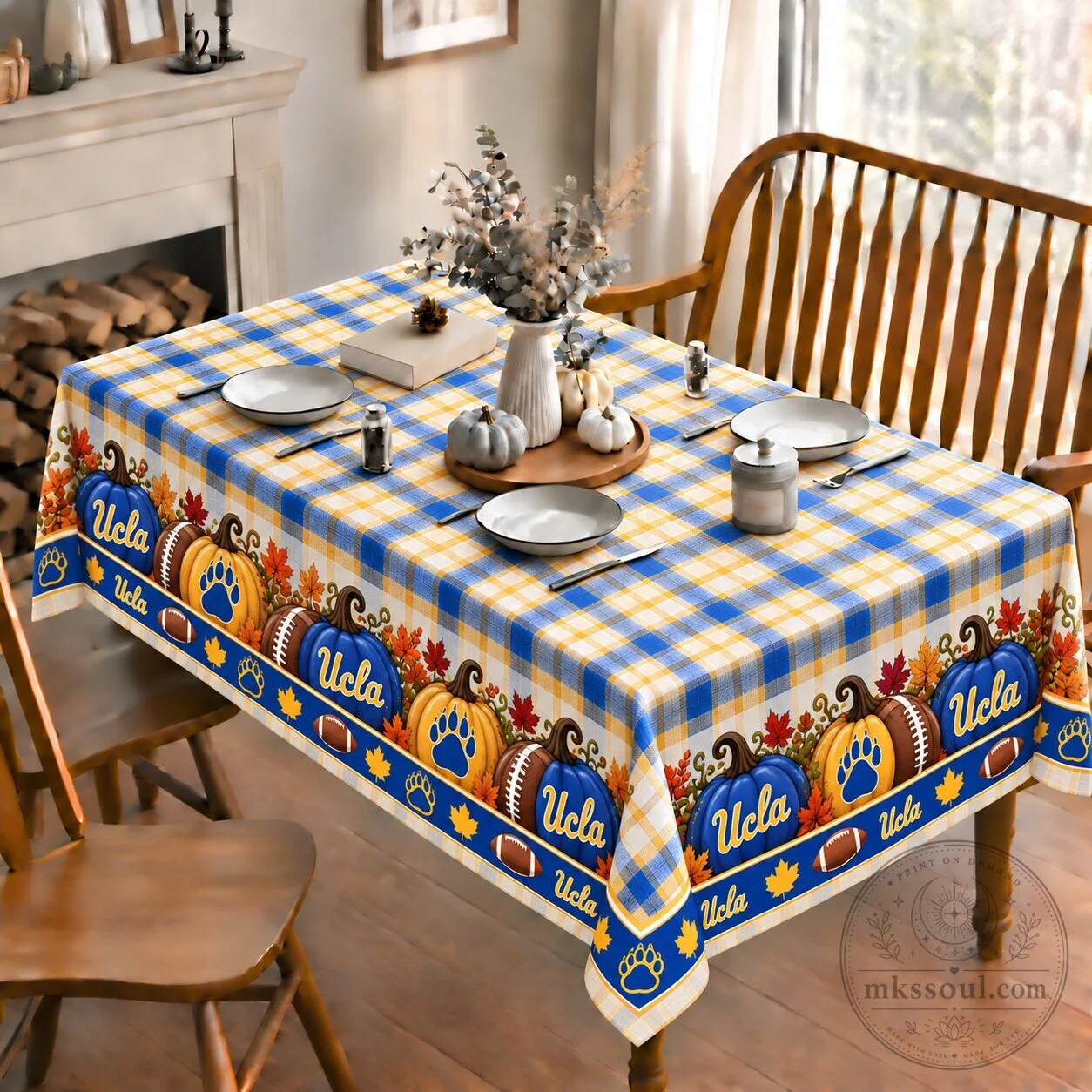 UCLA Bruins Football Plaid Autumn Leaves Tablecloth