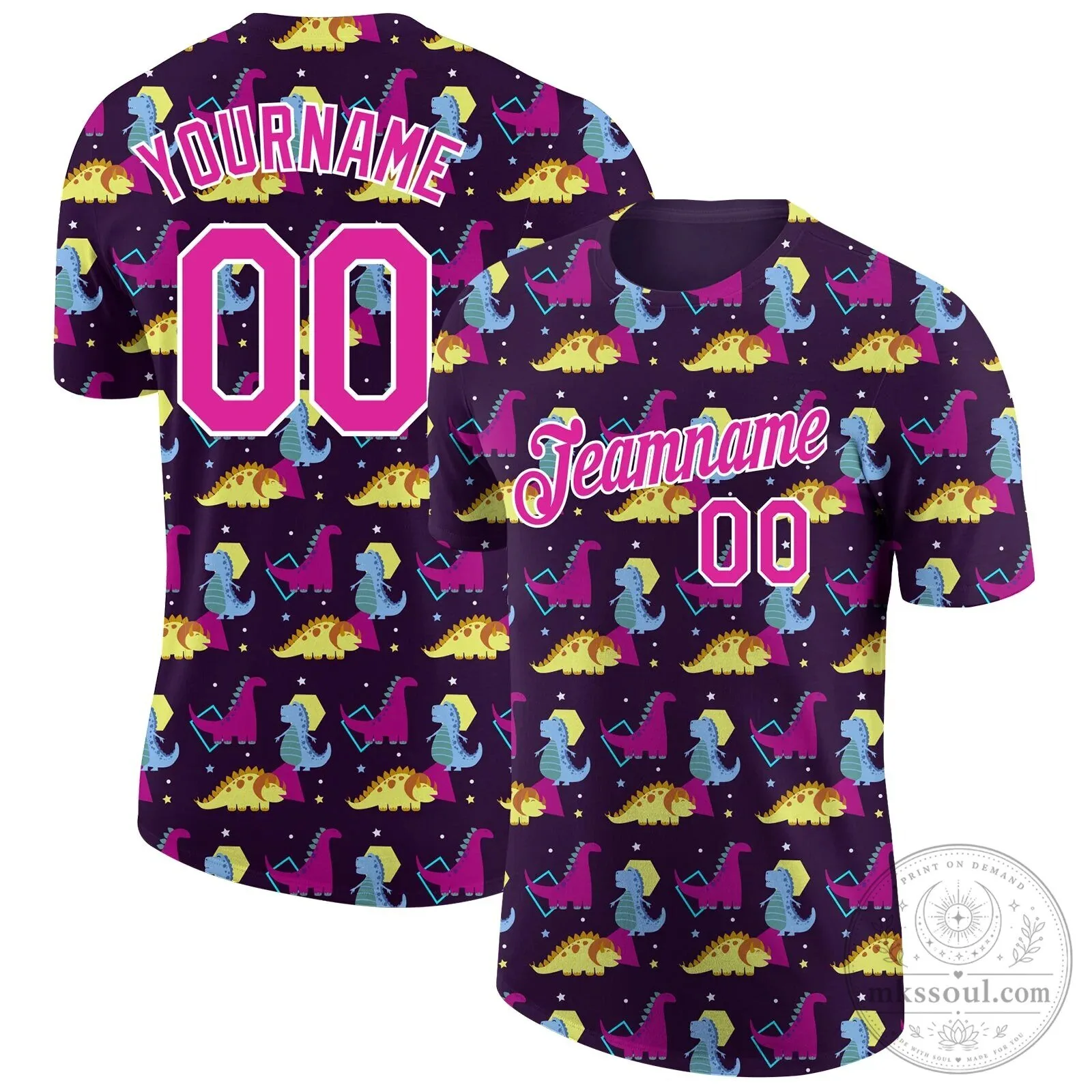 N 2 Deep Purple Dinosaur Pattern Custom Number T-Shirt for Kids