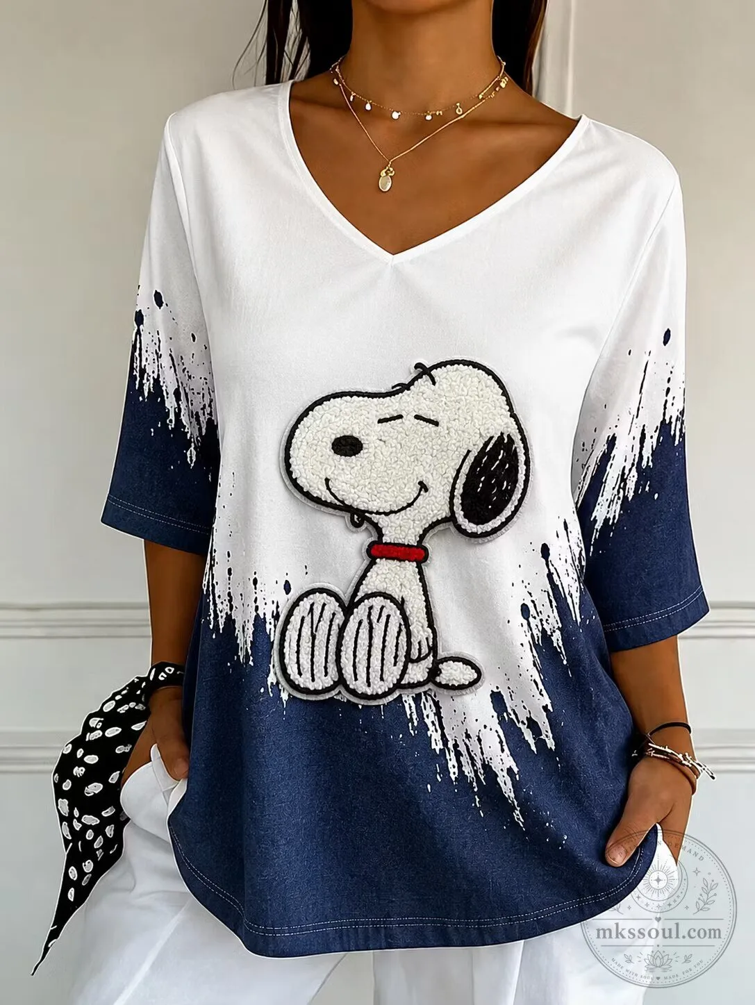Snoopy Peanuts Cartoon Character V-Neck T-Shirt for Women