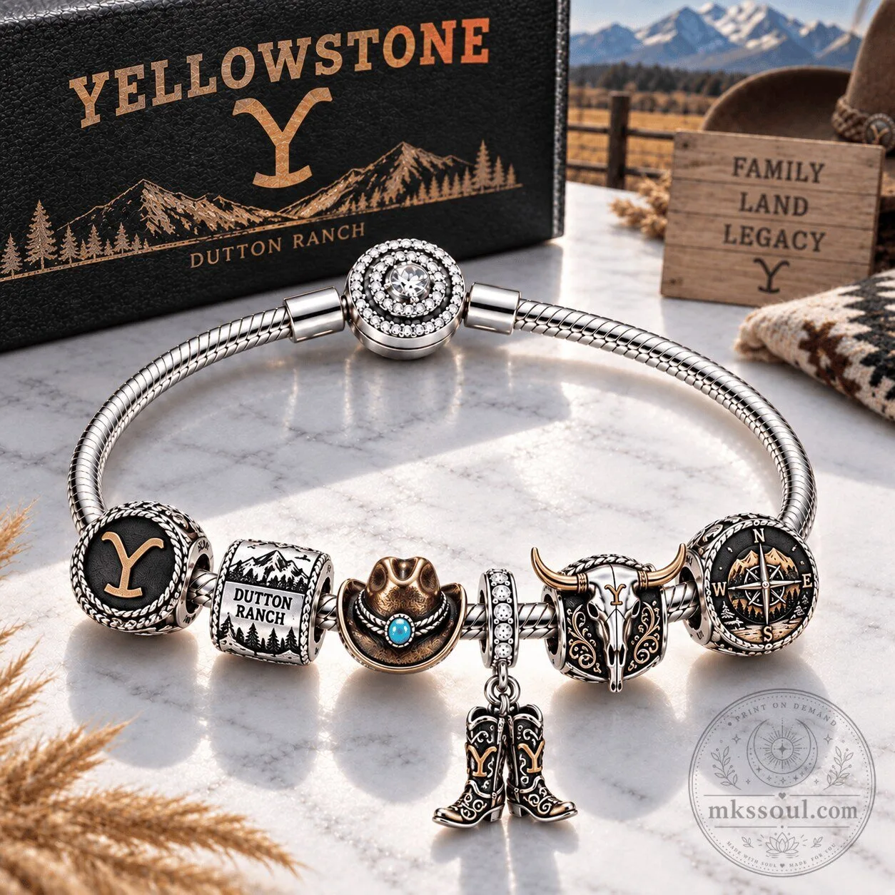 Yellowstone Dutton Ranch Western Charm Bracelet with Cowboy Hat and Boots