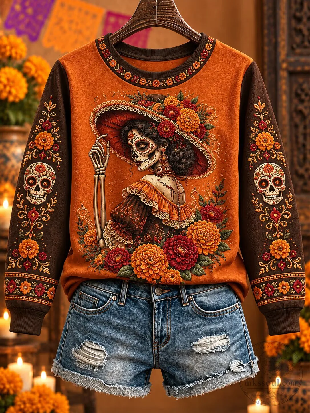 Mexican Day of the Dead Sugar Skull Woman Floral Print Sweatshirt