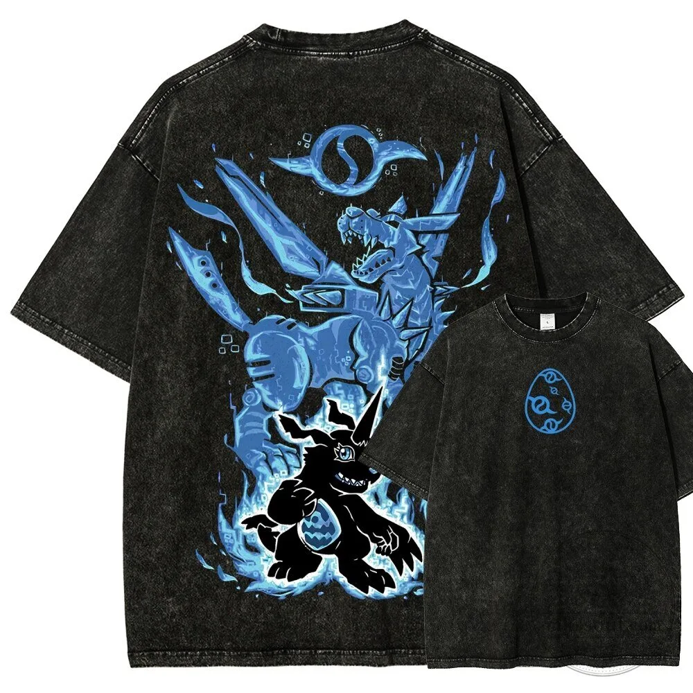 Digimon Adventure Agumon WarGreymon Omegamon Black Washed T-Shirt
