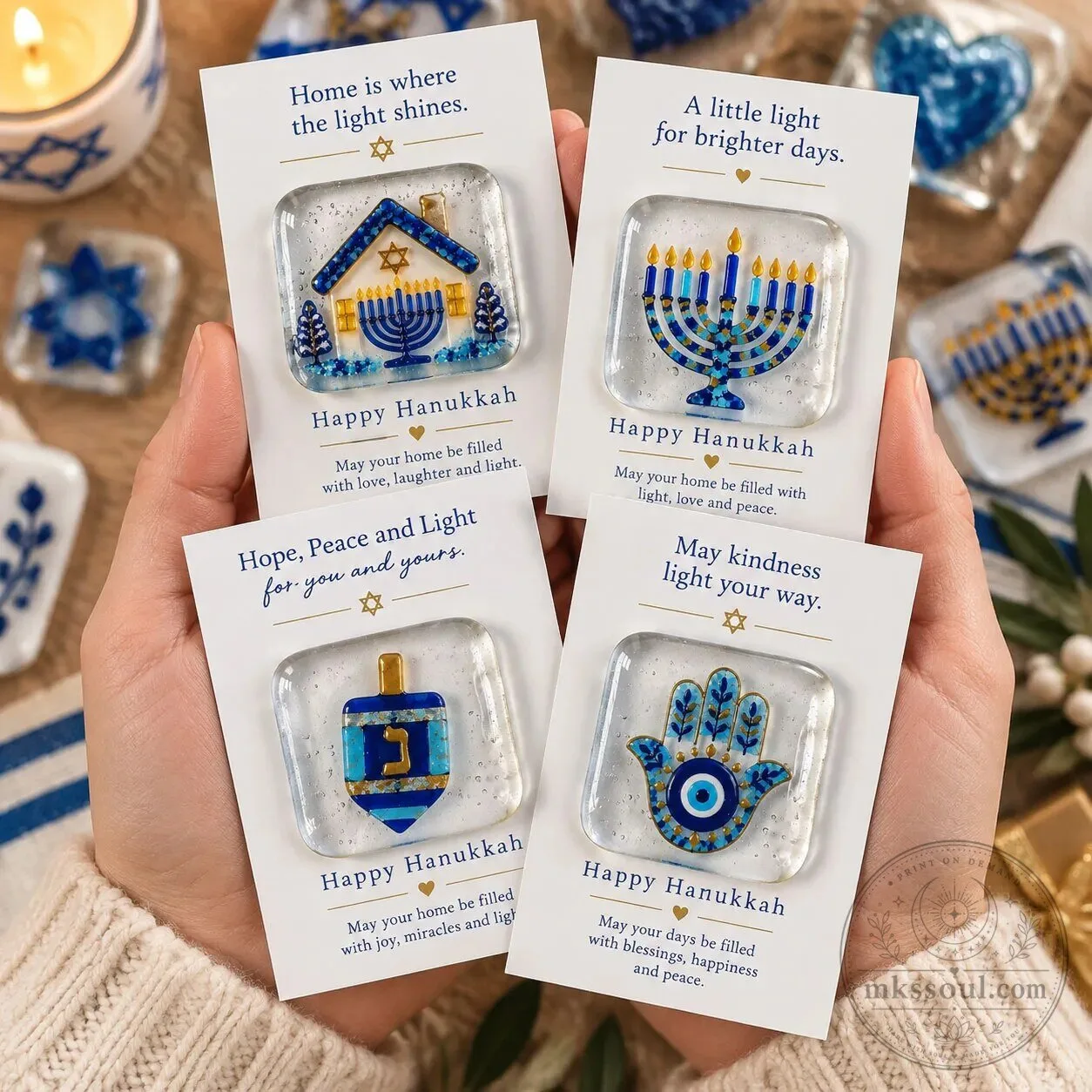 Happy Hanukkah Fused Glass Pocket Hug Token Gift