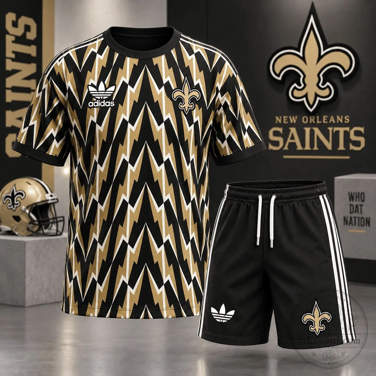 New Orleans Saints Gold Lightning Bolt Pattern Adidas Fan T-Shirt