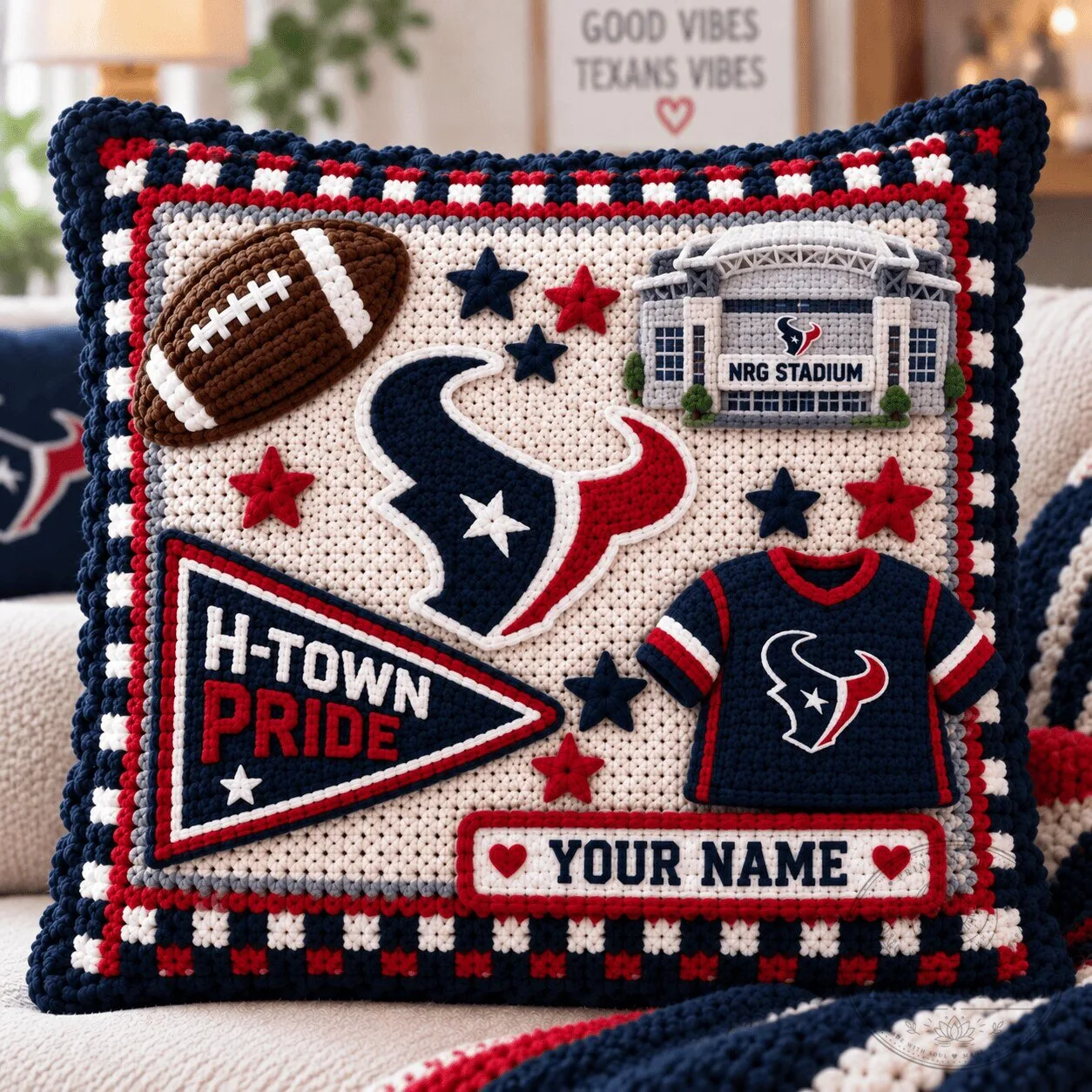 Houston Texans NFL Team Crochet Style Decorative Pillow with Custom Name