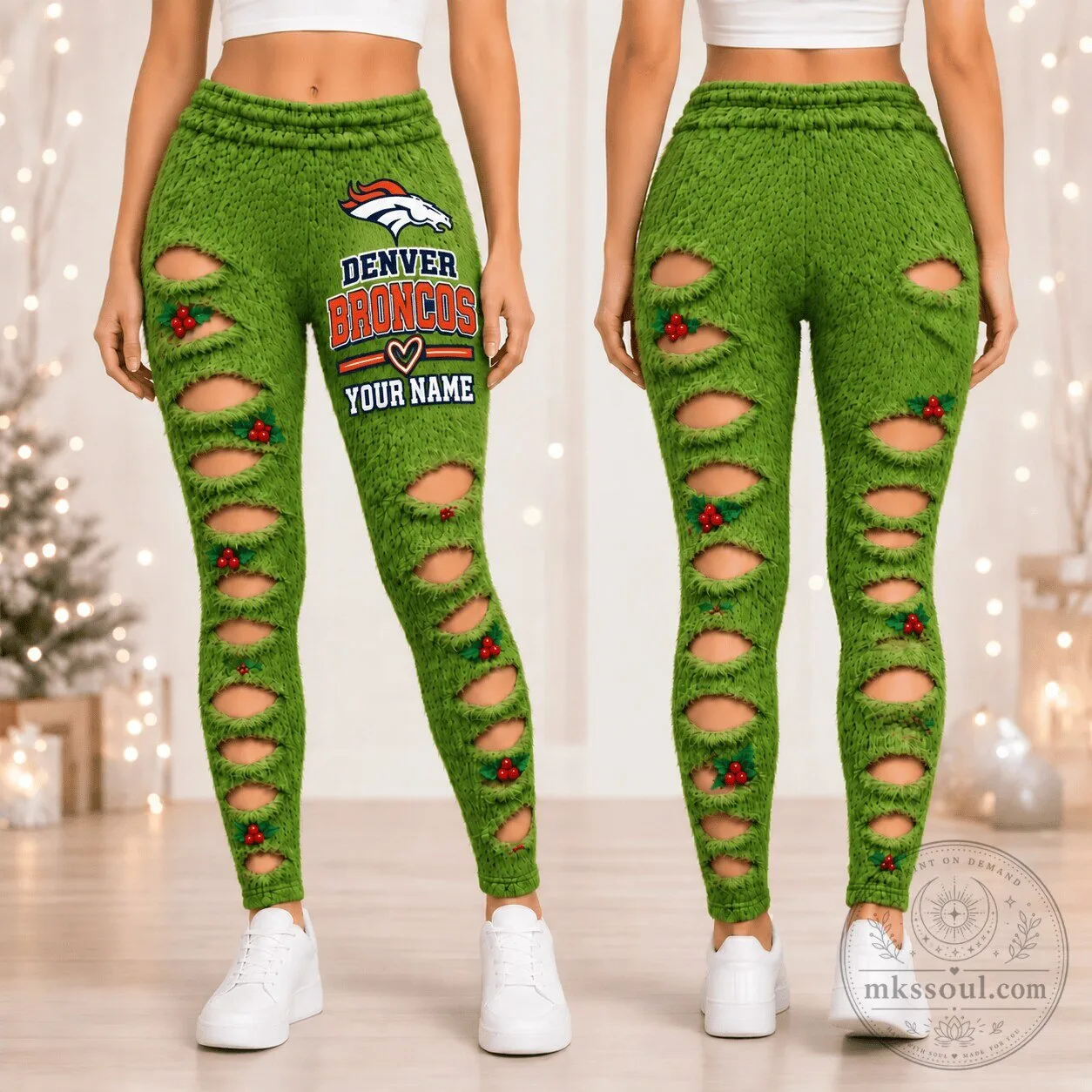 Denver Broncos Football Team Grinch Style Distressed Green Leggings