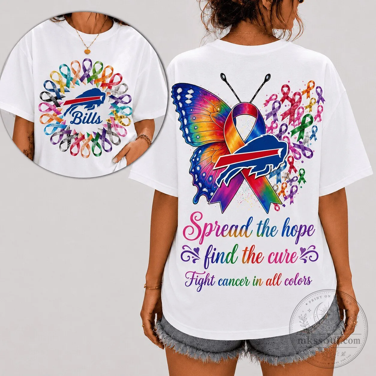 Buffalo Bills Cancer Awareness Ribbon Butterfly Spread Hope T-Shirt