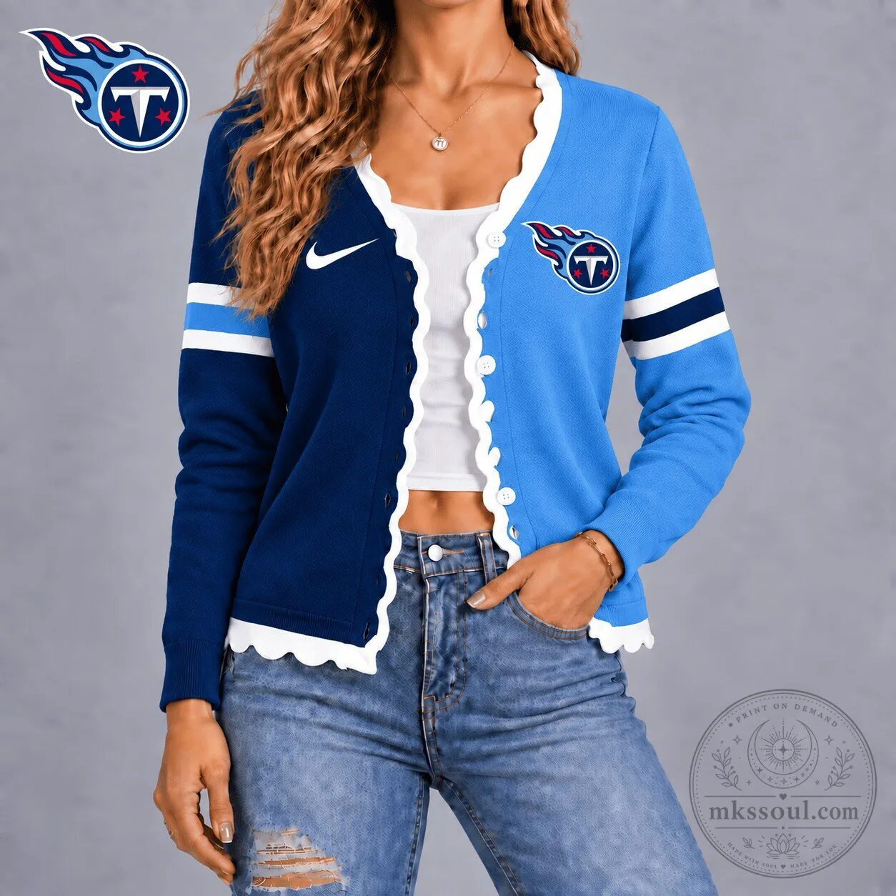 Tennessee Titans Women's Split Colorblock Scalloped Cardigan Sweater