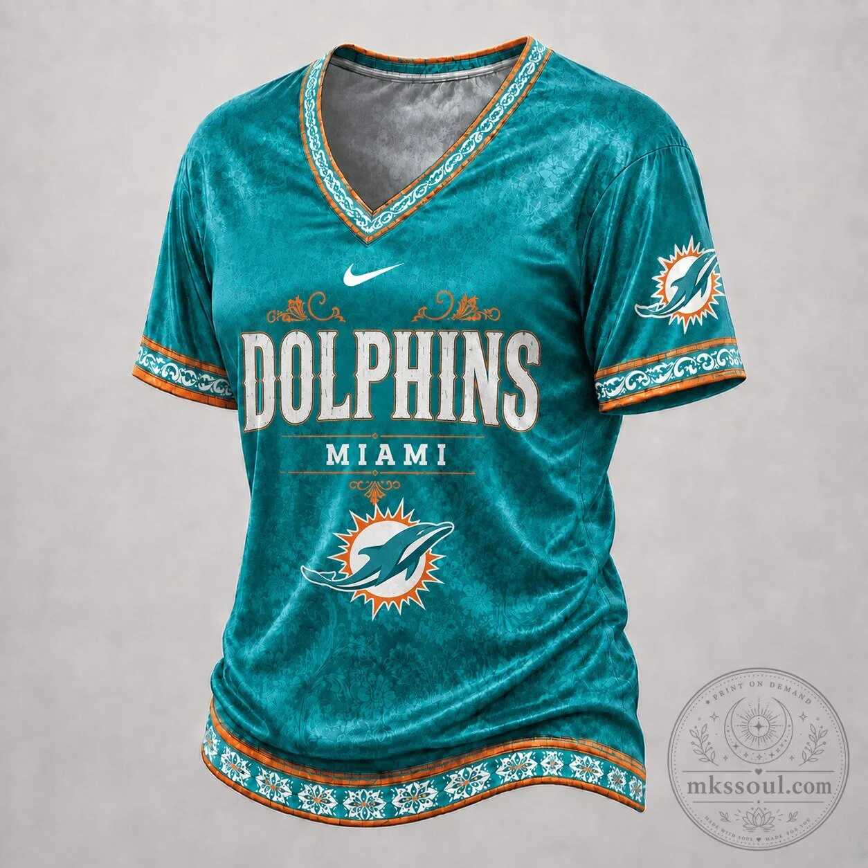 Miami Dolphins Shirt Women's Teal Floral V-Neck Short Sleeve Top
