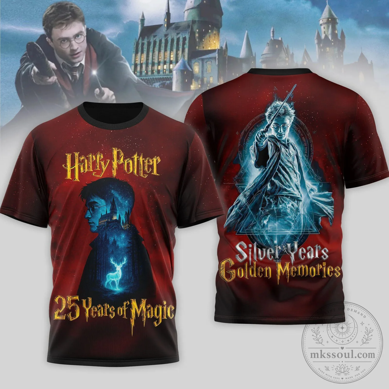 Harry Potter Shirt 25 Years of Magic Patronus Deer Portrait Red T-Shirt