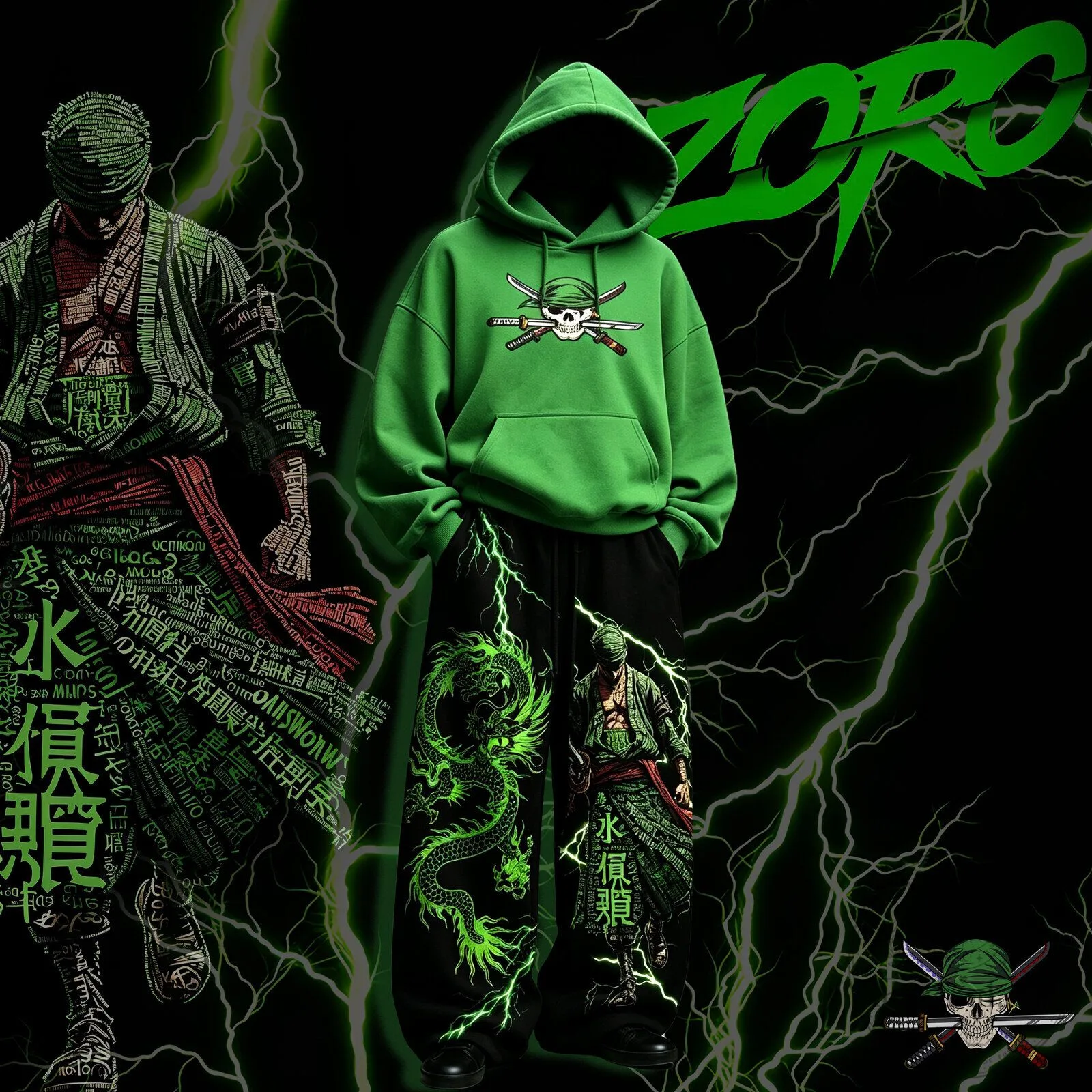 Roronoa Zoro One Piece Anime Skull Swords Green Hoodie