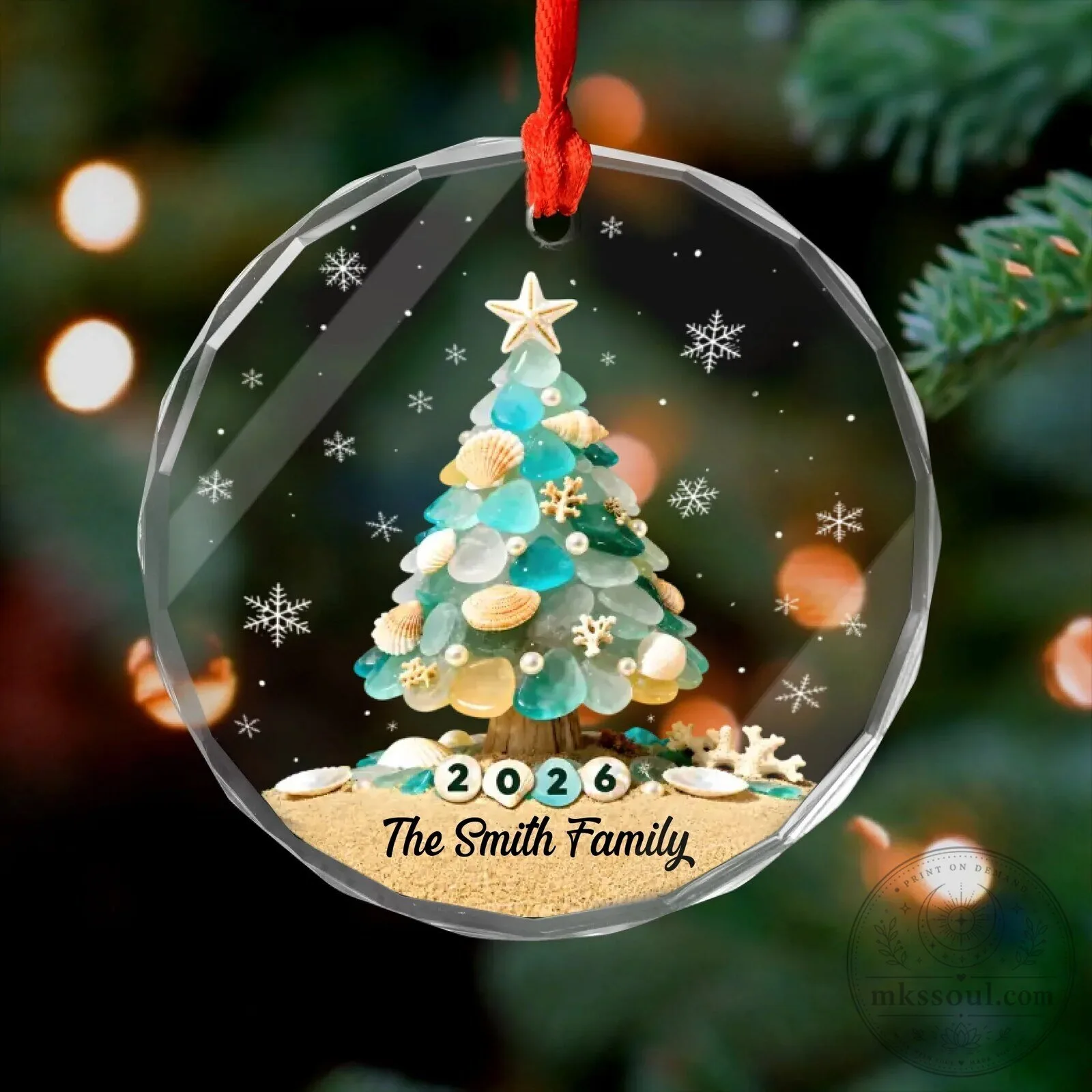 Personalized Sea Glass Christmas Tree Round Glass Holiday Ornament