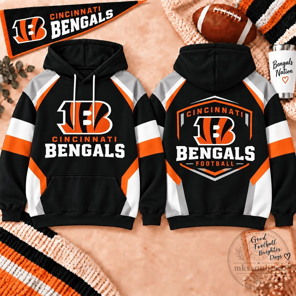 Cincinnati Bengals Football Team Black Orange White Color Block Hoodie