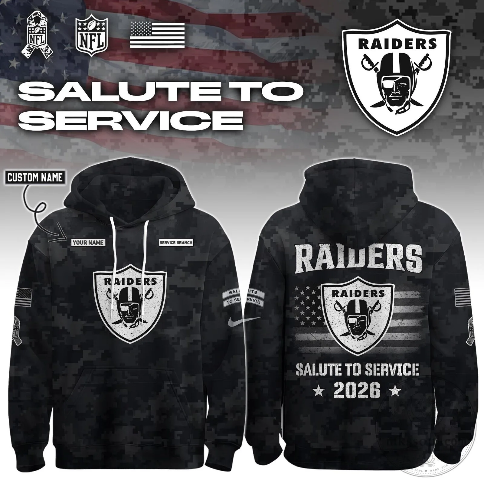 Las Vegas Raiders Salute To Service 2026 Custom Name Hoodie
