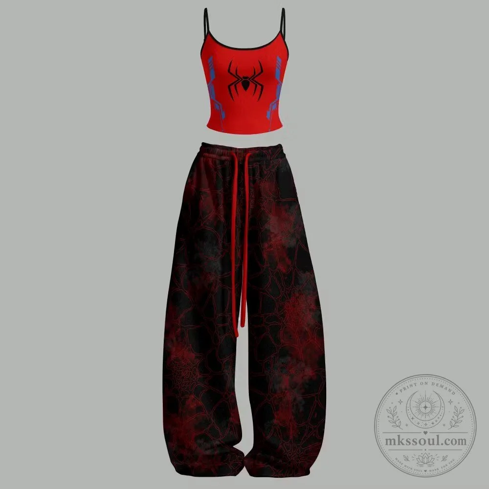 Spider-Man Red Spider Logo Crop Tank Top and Spiderweb Pants Set
