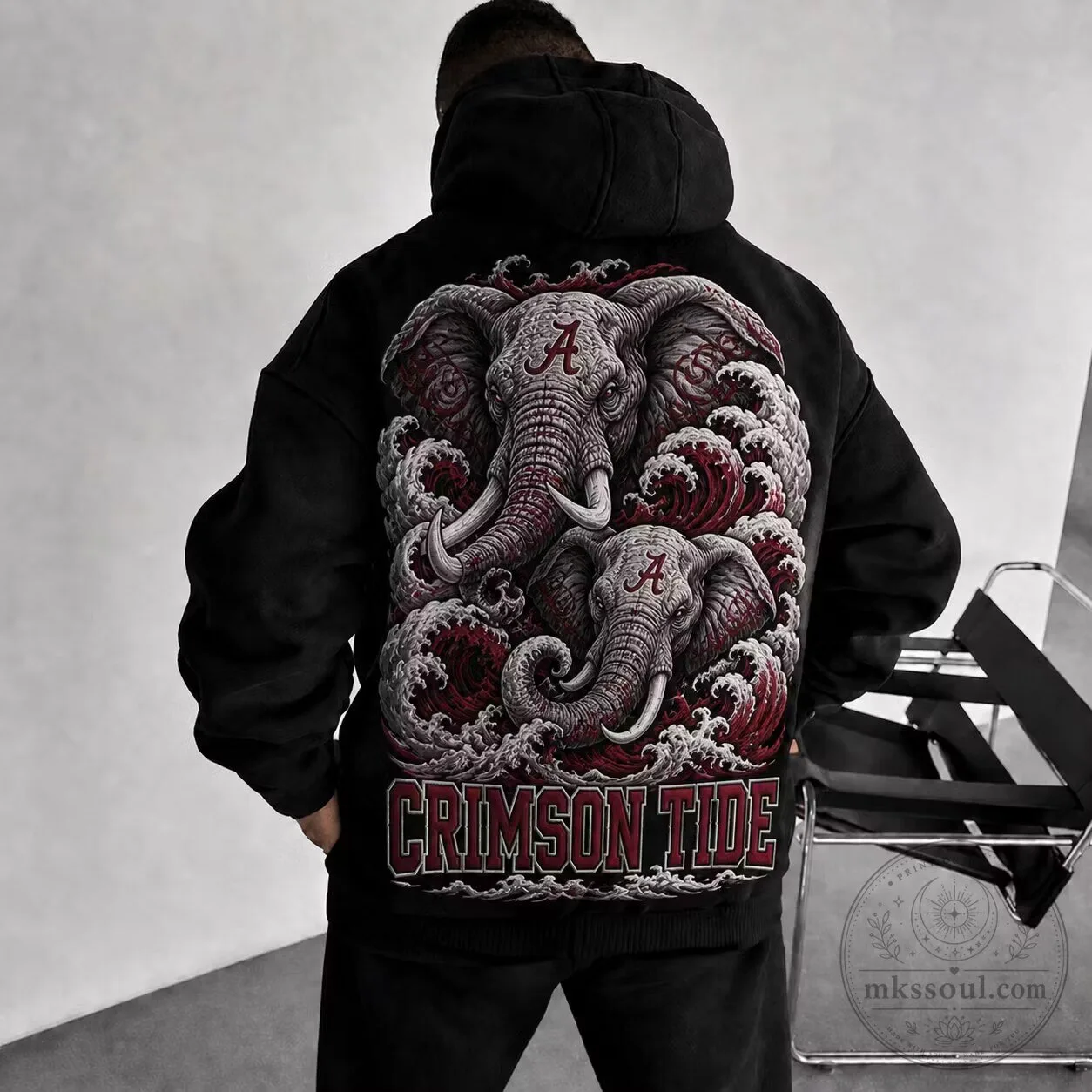 Alabama Crimson Tide Elephant Wave Design Black Oversized Hoodie