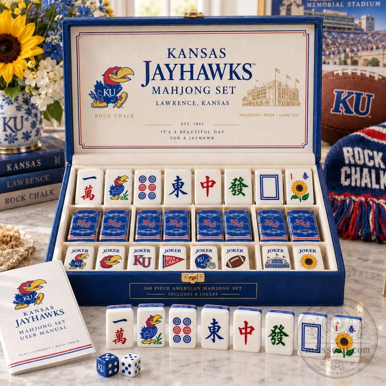Kansas Jayhawks Mahjong Game Set with 160 Tiles and User Manual