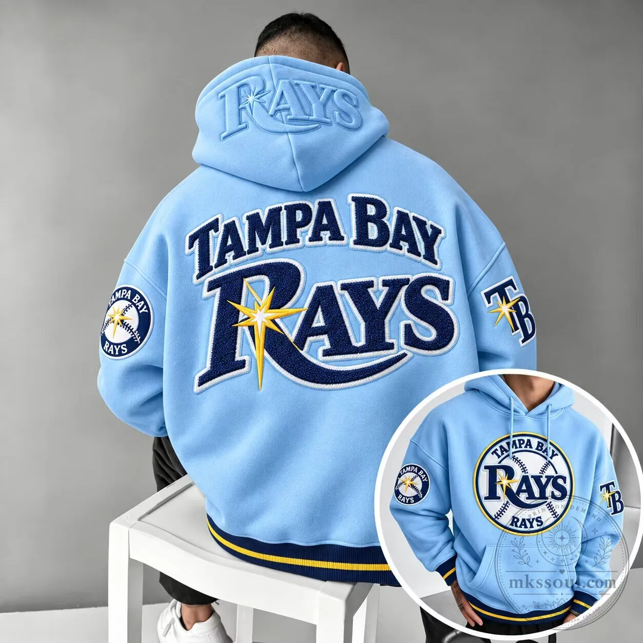 Tampa Bay Rays Baseball Team Light Blue Embroidered Logo Hoodie
