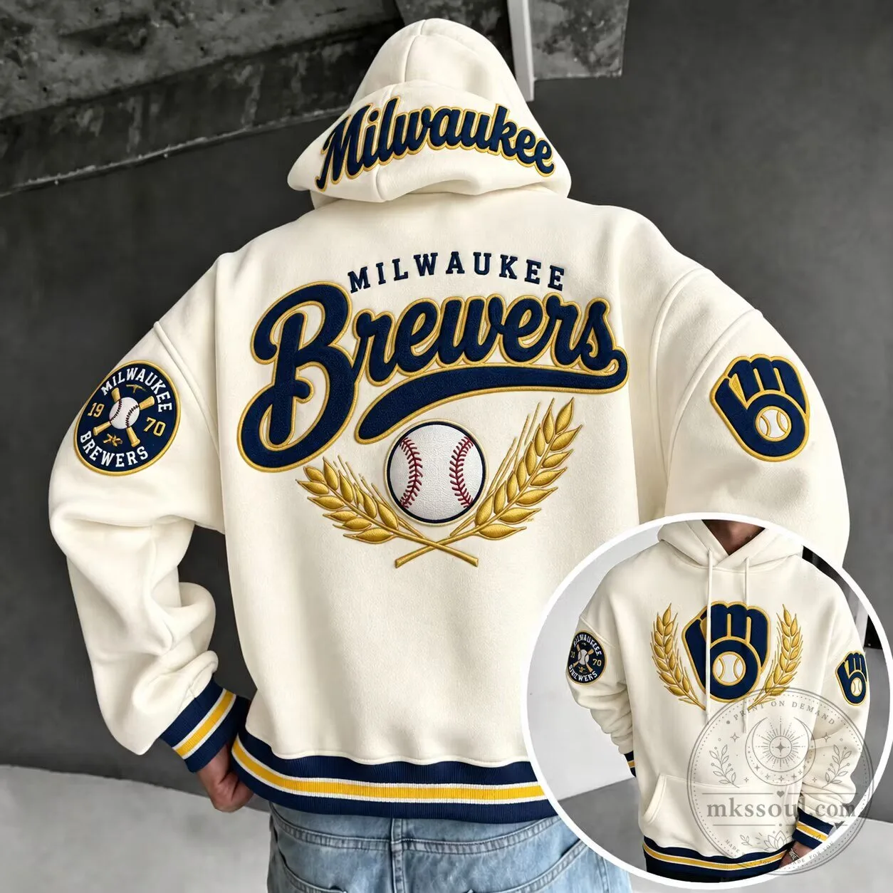 Milwaukee Brewers Baseball Team Logo White Oversized Hoodie