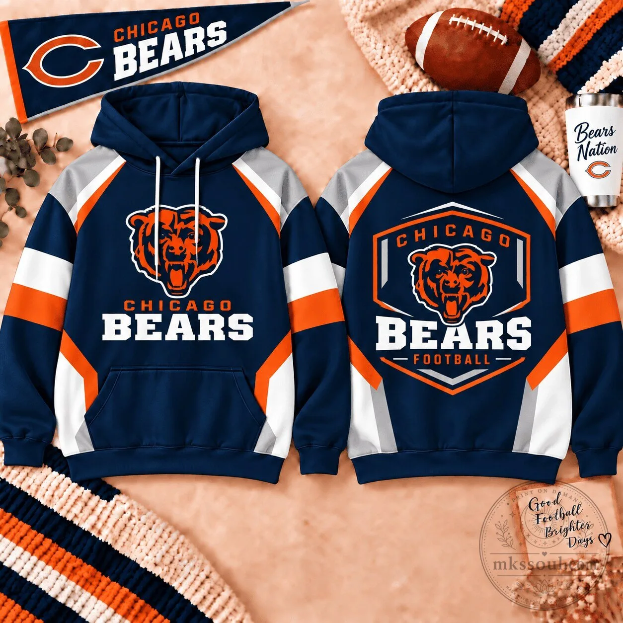Chicago Bears NFL Football Team Logo Navy Blue and Orange Color Block Hoodie